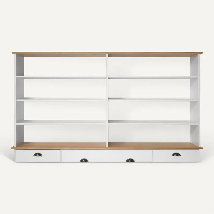 **Technische titel in het Nederlands:** *Moderne witte boekenplank met houten afwerking en lades*