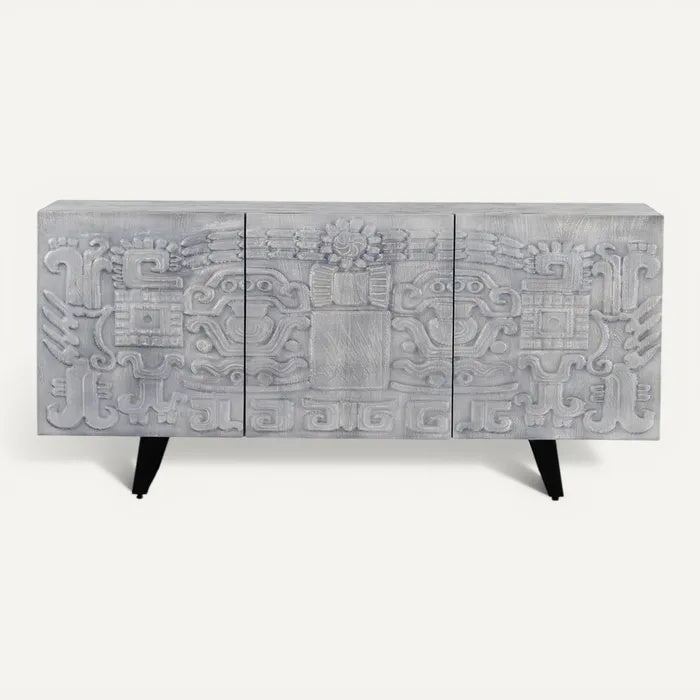 **Houten Dressoir met Etnische Motieven en Zwarte Poten**