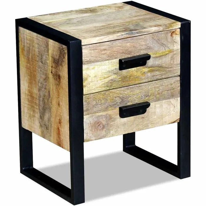 **Technische titel in het Nederlands:** Houten Nachtkastje met Twee Laden en Stalen Onderstel