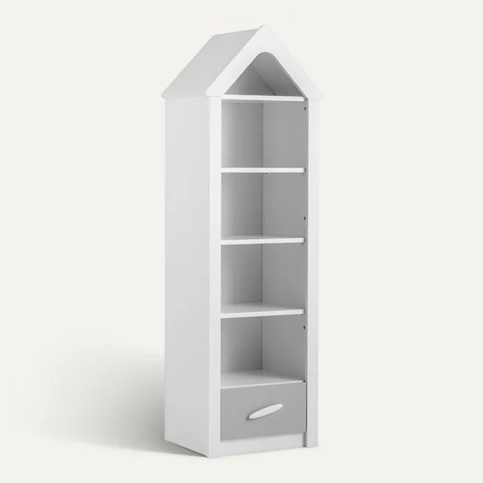 **Technische titel in het Nederlands: Moderne witte boekenkast met huisvorm en lade**